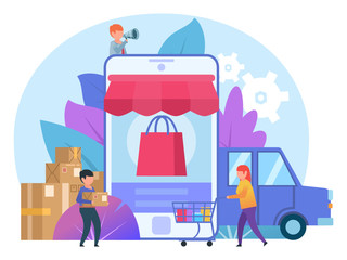 Online shopping concept. Small people stand near big smartphone, delivery car, packages. Poster for web page, banner, social media, presentation. Flat design vector illustration