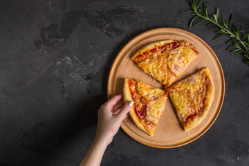 pizza, dough, ingredients, pepperoni, cheese, toatny sauce (cooking process). Top view with copy space