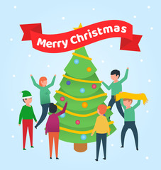 Christmas celebration. People stand around Christmas tree and celebrate. Poster for social media, banner, web page, presentation. Flat design vector illustration