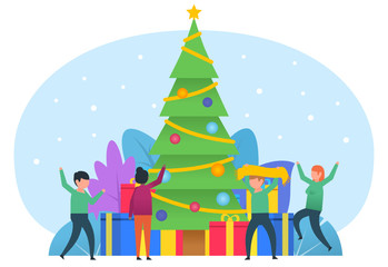Fototapeta na wymiar Christmas, New Year celebration. People stand near Christmas tree, gift boxes. Poster for social media, banner, web page, presentation. Flat design vector illustration