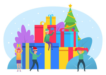 Fototapeta premium Christmas, New Year celebration. Small people stand near big gift boxes, presents. Poster for social media, banner, web page, presentation. Flat design vector illustration
