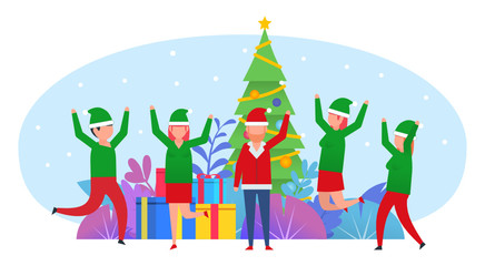 New Year, Christmas celebration. Santa Claus and elves stand near Christmas tree and celebrate. Poster for social media, banner, web page, presentation. Flat design vector illustration