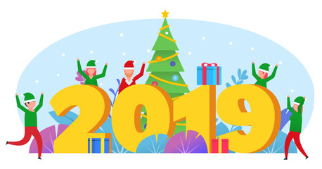 New Year 2019 banner. People in costumes of Santa Claus and elves stand near big 2019. Poster for social media, banner, web page, presentation. Flat design vector illustration