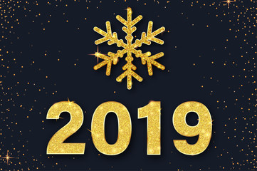 Happy New Year 2019 card with golden snowflake and confetti.