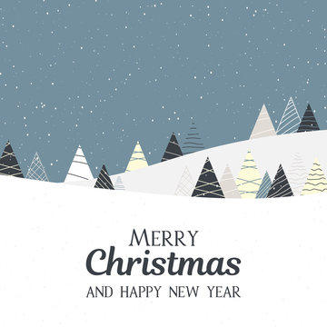 Merry Christmas and Happy New Year card with creative fir trees and snow.