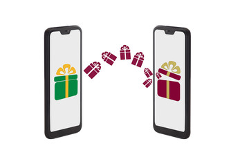 Gift box on smart phone screen on white background, online happiness concept and smart life idea