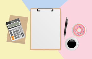 Blank white paper on clipboard with office supplies on pastel background. Vector illustration