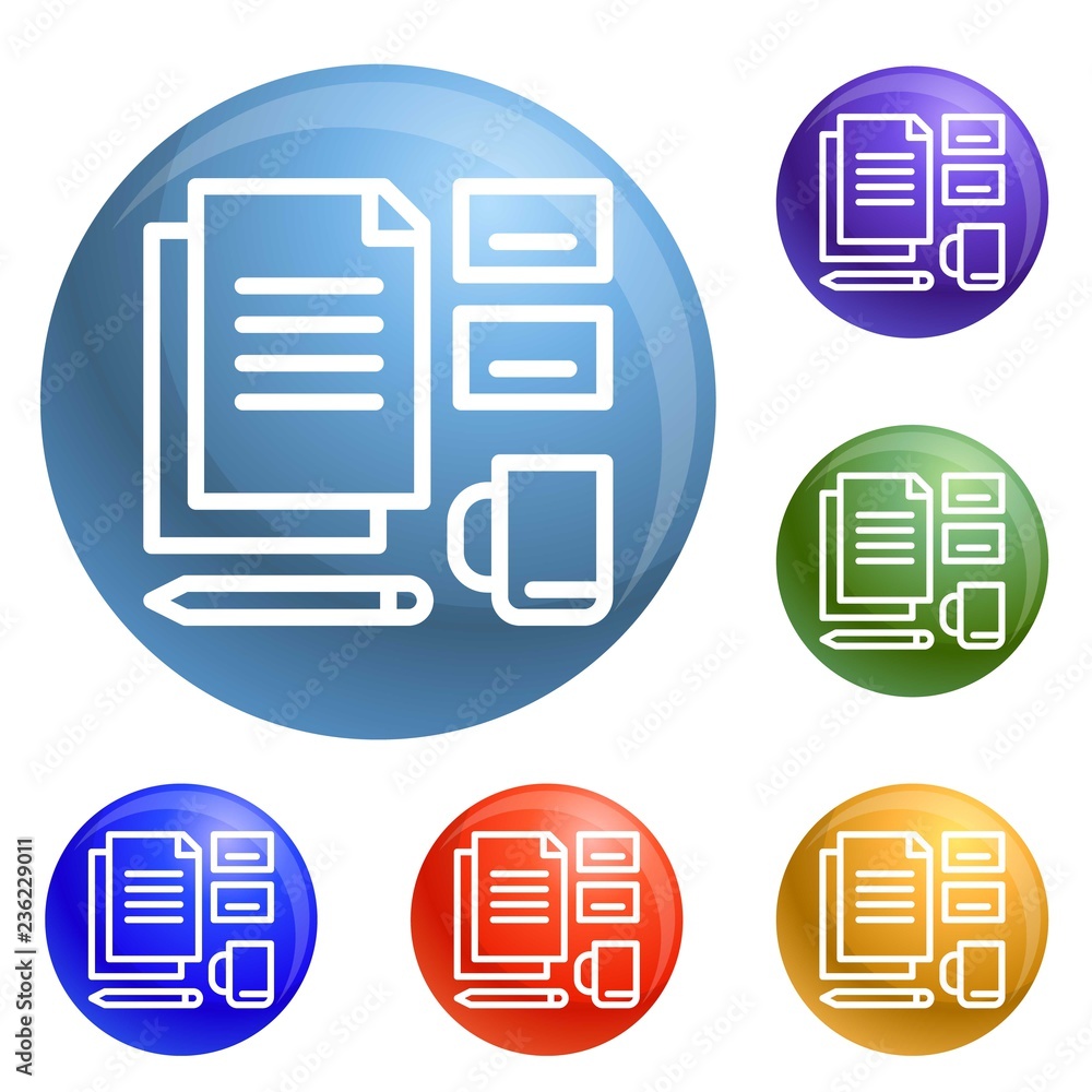 Poster office set tool icons set vector 6 color isolated on white background