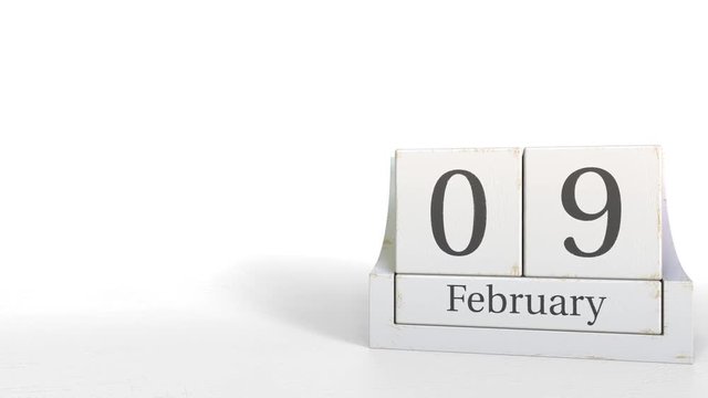 Wooden blocks calendar shows February 9 date, 3D animation