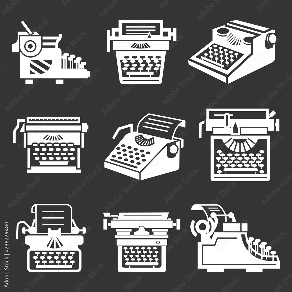 Poster typewriter icon set. simple set of typewriter vector icons for web design on gray background