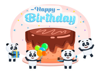 Happy birthday celebration. Cute little pandas stand near big birthday cake and celebrate. Poster for web page, banner, social media, presentation. Flat design vector illustration