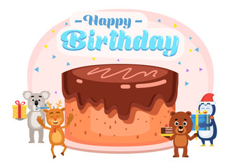 Happy birthday celebration. Cute little animals stand near big birthday cake and celebrate. Poster for web page, banner, social media, presentation. Flat design vector illustration