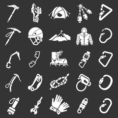 Mountaineering equipment icon set. Simple set of mountaineering equipment vector icons for web design on gray background