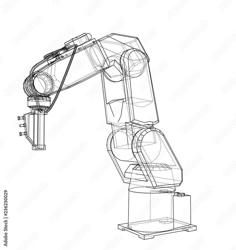 Poster 3d outline robotic arm. vector rendering of 3d
