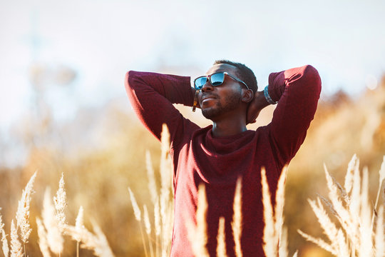 stylish young black man in sunglasses in a field