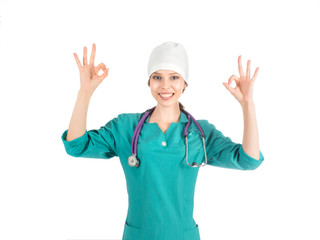 Young beautiful blonde doctor surgeon nurse woman over isolated background excited for success with arms raised celebrating victory smiling. Winner concept
