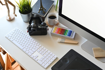 Creative photography workspace with office desk table.