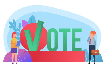Fototapeta premium Call to vote, election campaign. Small people stand near big vote word. Poster for social media, web page, banner, presentation. Flat design vector illustration