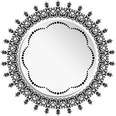 Round frame with floral elements and arabesques. Round black and white pattern with arabesques. Fine greeting card