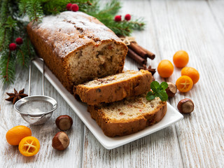 traditional homemade stollen with dried fruits and nuts