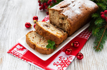 traditional homemade stollen with dried fruits and nuts