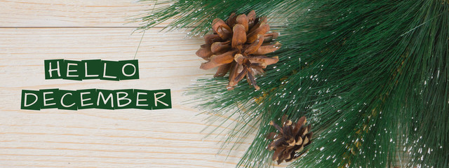 hello december, pine needles and cones on white rustic table © MasterSergeant