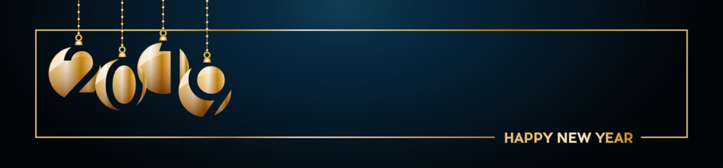 2019 Happy New Year header background. Golden text with frame, banner