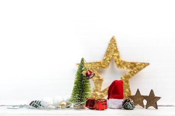 simple bright background in colors: white, gold, red and green with traditional Christmas elements