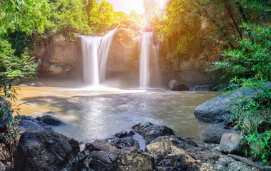 Waterfall with droplets of water throughout the area. Waterfall Haewsuwat Khao Yai in Thailand.