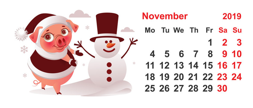 2019 year calendar november month pig makes snowman