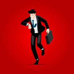 Business man in suit running fast with briefcase in rush hour.