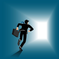 Business man in suit running with briefcase on the way to the exit. Vector illustration design.