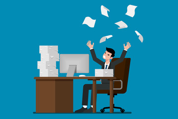 Businessman tired and stress at the desk by a lot of work. Flat vector illustration design of employee character with stack of paper working very hard with the personal computer.