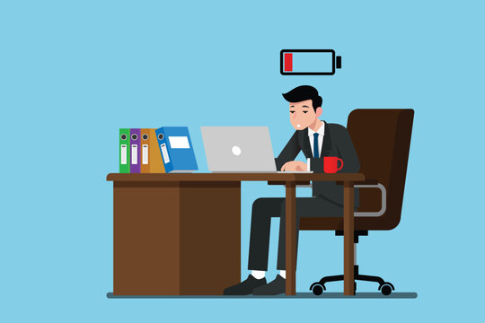 Businessman work very exhausted at the desk and running out of energy. Flat vector illustration design of employee character working with the laptop computer.