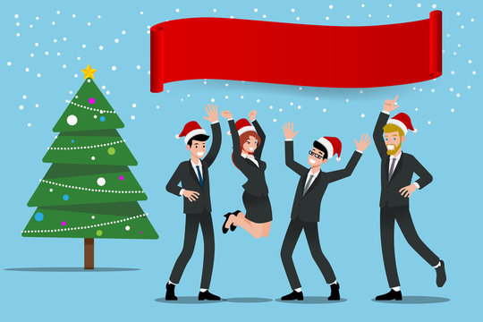 Businesspeople celebrate Merry Christmas party with business Team wear Santa hat, flat vector illustration design.