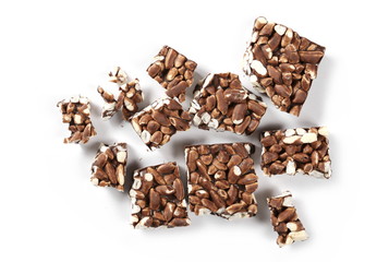 Chocolate with rice bars isolated on white background, top view