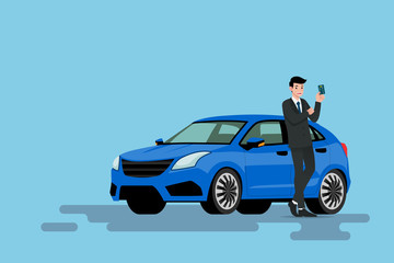 A happy businessman is leaning on his new car and showing his credit card that he use to bought the vehicle. Vector illustration design.