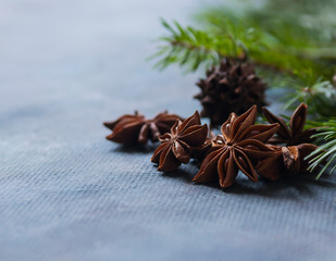 Happy Christmas. The concept of postcards, Christmas greetings, Christmas articles. Christmas cinnamon, tree branches, anise, cones. Close up. Selective focus. Copy space.