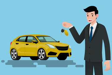 A happy businessman, vehicle seller is standing and holding a key of brand new car for sale. Vector illustration design.