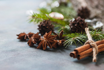 Happy Christmas. The concept of postcards, Christmas greetings, Christmas articles. Christmas cinnamon, tree branches, anise, cones. Close up. Selective focus. Copy space.