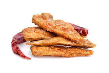 Small Fried Fish Crispy with dried chili on white background