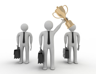 3d people - man, person and a big golden trophy. Businessman. rendered illustration
