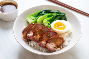 roast barbecue red pork on topped rice