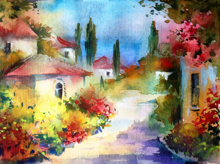 Obraz na płótnie Canvas Watercolor colorful bright textured abstract background handmade . Mediterranean landscape . Painting of architecture and vegetation of the sea coast , made in the technique of watercolors from nature