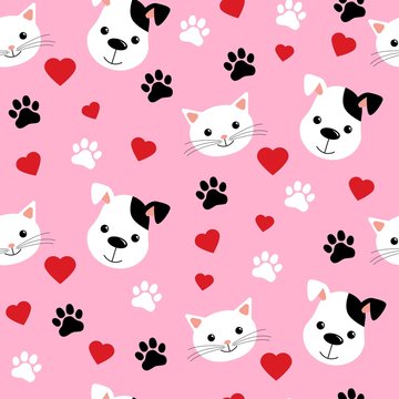 Cartoon cats and dogs seamless pattern showing cute cat and dog for pets friendship or wallpaper design