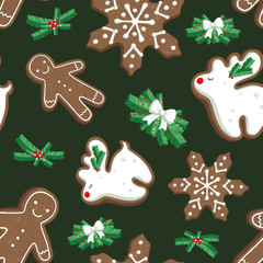 Christmas pattern with illustrations of cookies, gingerbread. New Year's texture. Christmas tree branches. Use for background, creativity, paper, textiles, scrapbooking, invitations, cards