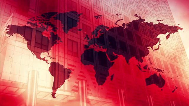 World map and London bank office building