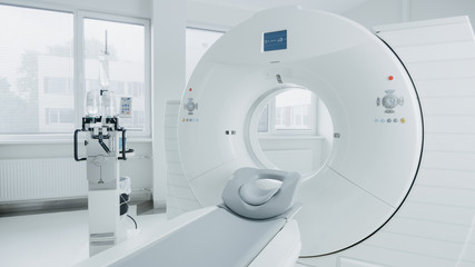 Medical CT or MRI or PET Scan Standing in the Modern Hospital Laboratory. Technologically Advanced and Functional Mediсal Equipment in a Clean White Room. - obrazy, fototapety, plakaty