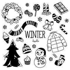Winter doodle. Hand drawing styles winter items.