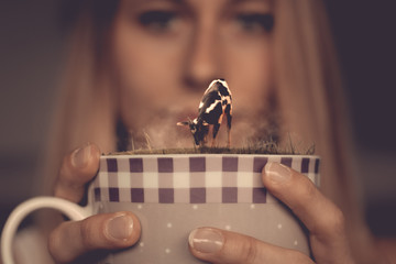 Fotomontage eine Ziege auf einer Wiese am grasen. Eine Frau hält dabei die Tasse Fest